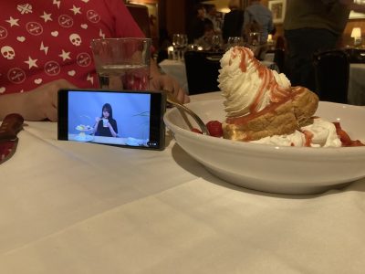 strawberry short cake next to mocho on a phone screen